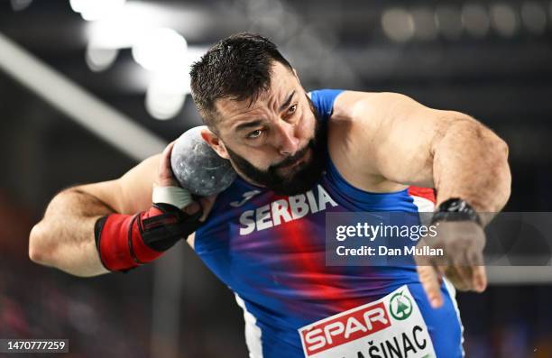 Asmir Kolasinac of Serbia competes during the Men's Shot Put Qualification during Day 0 of the European Athletics Indoor Championships at Atakoy...