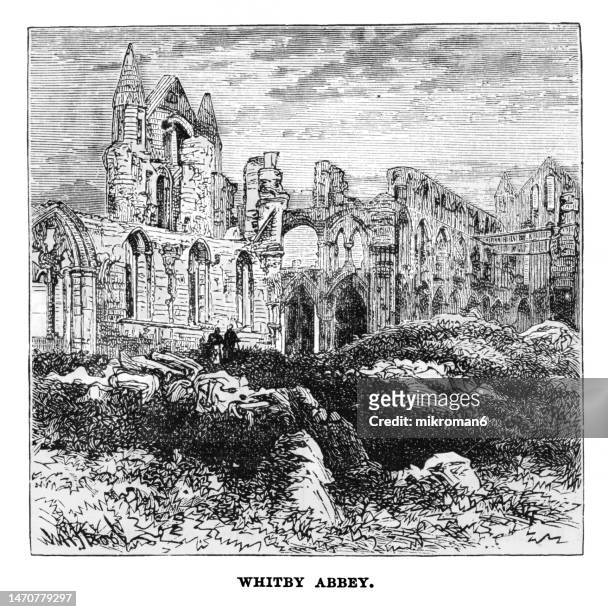 old engraved illustration of whitby abbey was a 7th-century christian monastery that later became a benedictine abbey, situated overlooking the north sea on the east cliff above whitby in north yorkshire, england - whitby abbey stock pictures, royalty-free photos & images