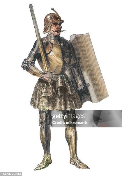 old engraving illustration of john hunyadi (1406-1456) regent of the kingdom of hungary (1446-1452) defended hungary from attempted invasions by the ottoman empire - armadura fotografías e imágenes de stock