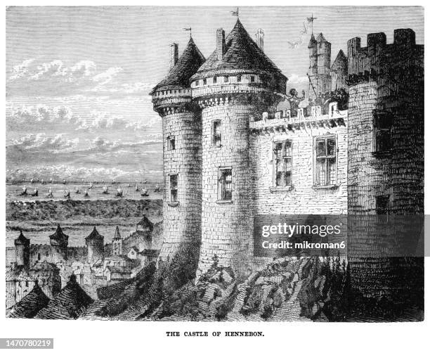 old engraved illustration of fortifications and castle of hennebont (le château de hennebont), north-western france - northwestern stock pictures, royalty-free photos & images