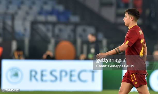 Paulo Exequiel Dybala of AS Roma looks on while leaving the field of play due to being replaced by the head coach José Mário dos Santos Mourinho...