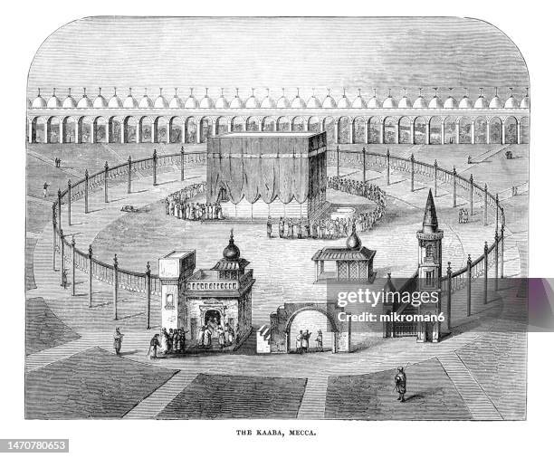 old engraved illustration of the black stone of mecca (in islam, muslims visit it on hajj (pilgrimage) to the kaaba chamber in a mosque) - kaaba ストックフォトと画像