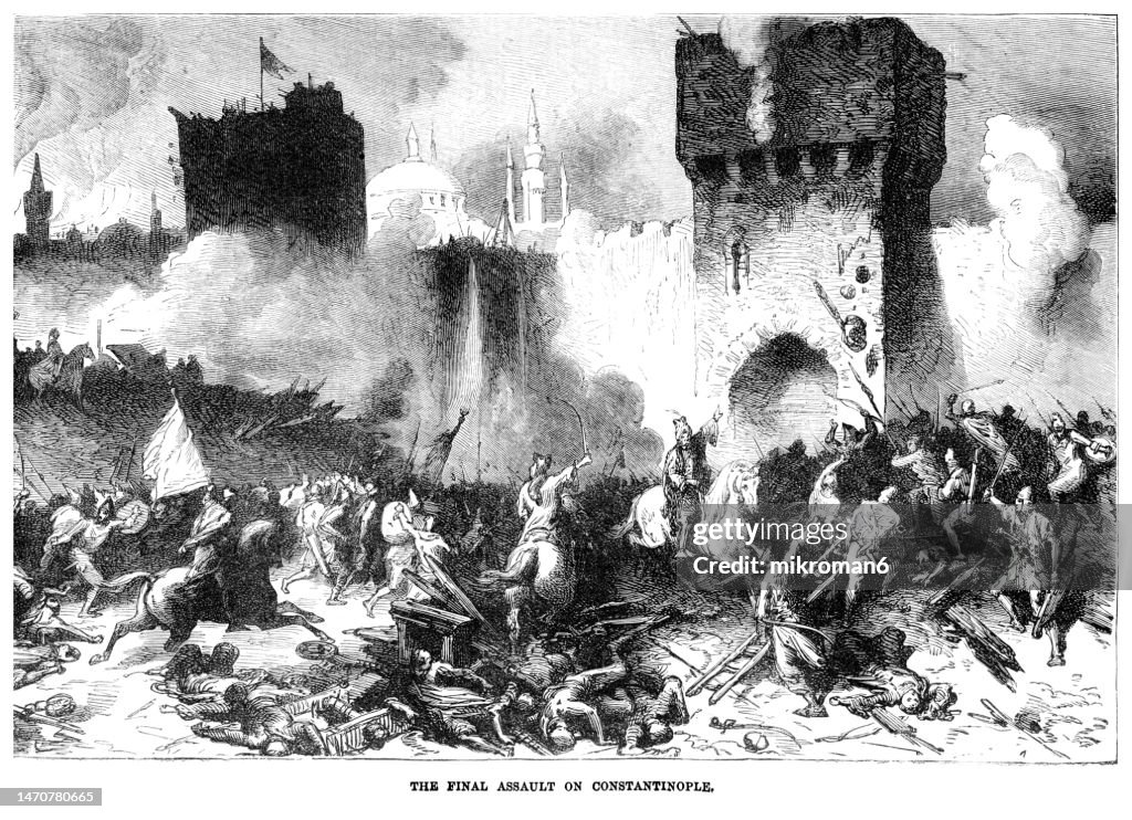 Old engraved illustration of Victorious Turks entering Constantinople, The Fall of Constantinople
