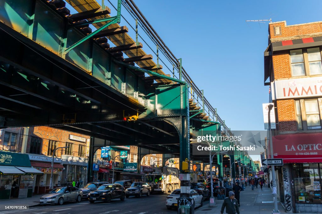 New York Gold Jackson Heights Ny Cityscape Around The Jackson Heights Subway Station In Queens New York
