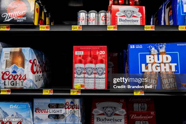 Budweiser beer in the brewery section at a Walmart Supercenter on March 02, 2023 in Austin, Texas. AB InBev, the largest brewer in the world,...