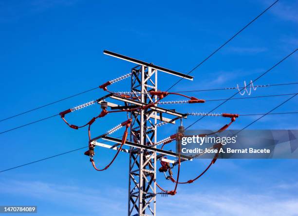 high voltage electric tower over a blue sky. - componente elétrico imagens e fotografias de stock