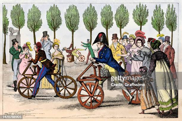 illustrations, cliparts, dessins animés et icônes de homme sur bicyclette draisine au jardin de luxembourg 1818 - jardin du luxembourg