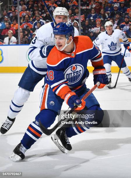 Zach Hyman of the Edmonton Oilers skates during the game against the Toronto Maple Leafs on March 1, 2023 at Rogers Place in Edmonton, Alberta,...