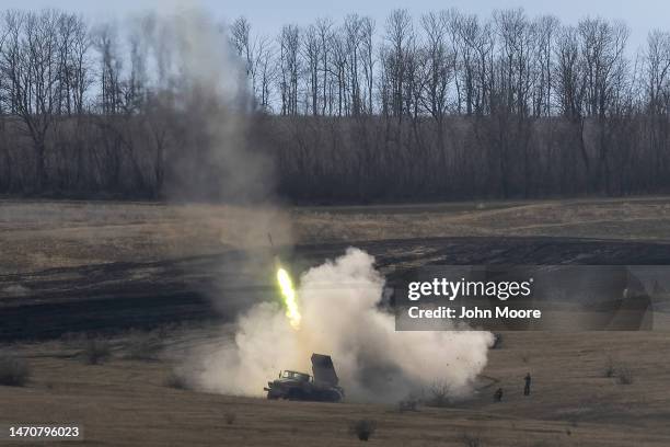 Ukrainian Army troops fire BM-21 "Grad" rockets at Russian positions on March 02, 2023 in the Donetsk Region of eastern Ukraine. Last February,...