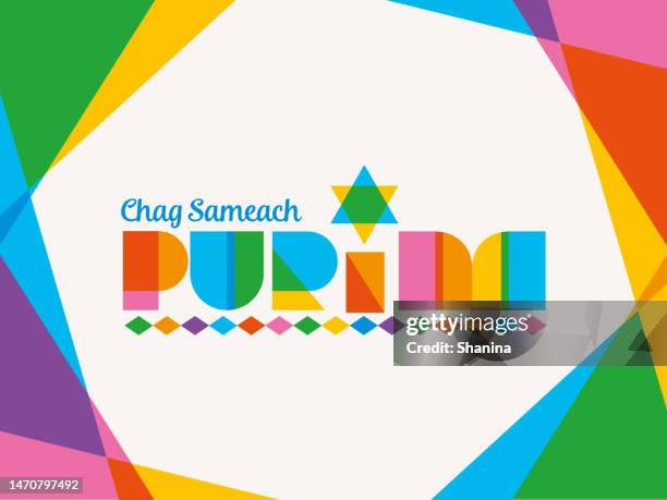 geometric and colorful purim greeting card - happy purim stock illustrations