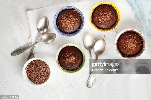 chocolate souffles, chocolate cupcake muffins, brownie, chocolate mud cakes - ramekin stock pictures, royalty-free photos & images