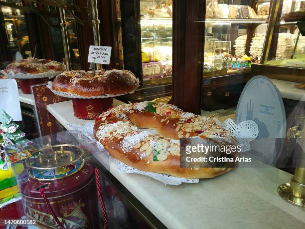 Roscón de reyes at the counter of the El Riojano pastry shop on January 4, 2023 in Madrid, Spain.