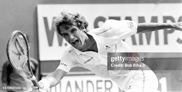 Sweden's Mats Wilander during high-stakes exhibition tournament against Ivan Lendl at Newport Beach Tennis Club, August 7, 1983 in Newport Beach,...