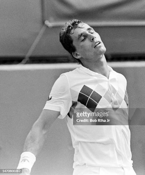Worlds ranked Tennis Pro Ivan Lendl during high-stakes exhibition tournament against Mats Wilander at Newport Beach Tennis Club, August 7, 1983 in...