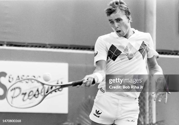 Worlds ranked Tennis Pro Ivan Lendl during high-stakes exhibition tournament against Mats Wilander at Newport Beach Tennis Club, August 7, 1983 in...