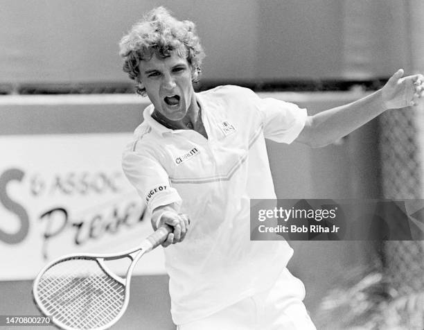 Sweden's Mats Wilander during high-stakes exhibition tournament against Ivan Lendl at Newport Beach Tennis Club, August 7, 1983 in Newport Beach,...