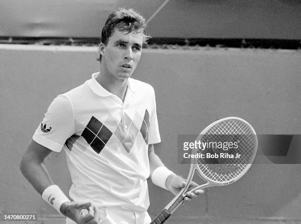 Worlds ranked Tennis Pro Ivan Lendl during high-stakes exhibition tournament against Mats Wilander at Newport Beach Tennis Club, August 7, 1983 in...