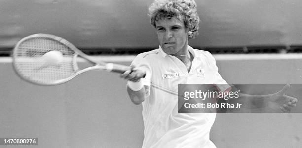 Sweden's Mats Wilander during high-stakes exhibition tournament against Ivan Lendl at Newport Beach Tennis Club, August 7, 1983 in Newport Beach,...