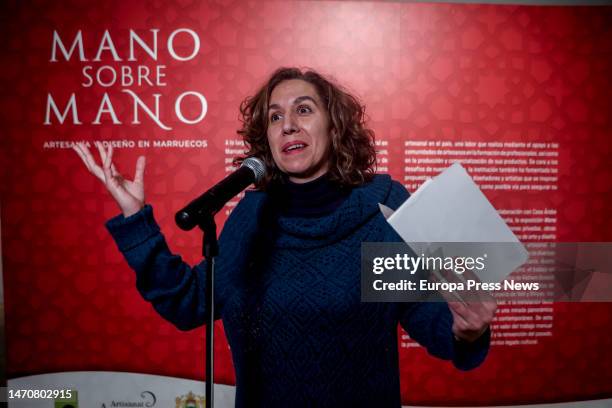 Casa Arabe's Director General, Irene Lozano, speaks during the opening of the exhibition 'Hand on Hand. Crafts and design in Morocco', at Casa Arabe,...