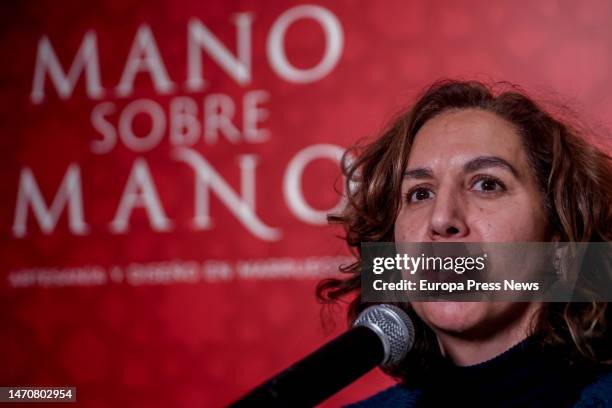 Casa Arabe's Director General, Irene Lozano, speaks during the opening of the exhibition 'Hand on Hand. Crafts and design in Morocco', at Casa Arabe,...