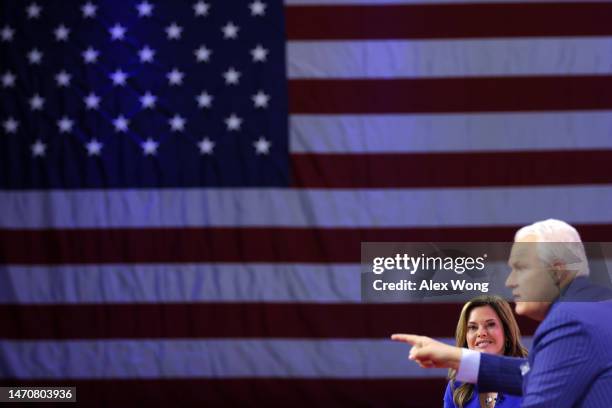 Chairman of the Conservative Political Action Conference Matt Schlapp speaks as his wife Mercedes Schlapp listens during the annual conference at...