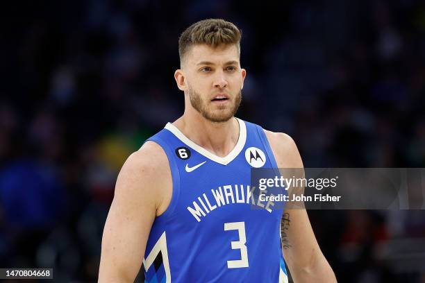 Meyers Leonard of the Milwaukee Bucks looks on during the second half of the game against the Orlando Magic at Fiserv Forum on March 01, 2023 in...