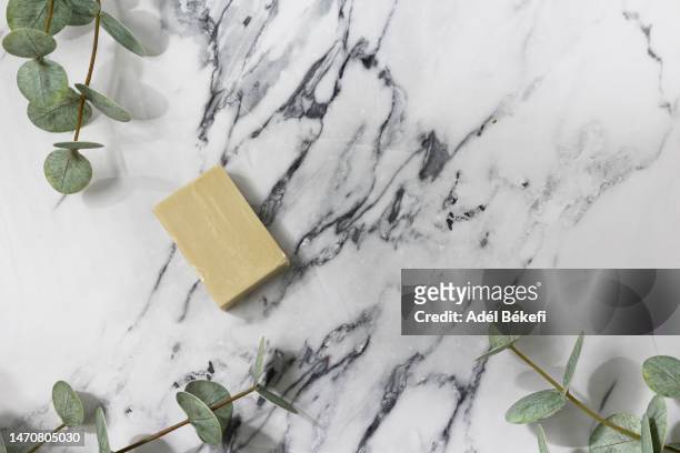 handmade soap with  eucalyptus branches on marble background - bathroom closeup stockfoto's en -beelden