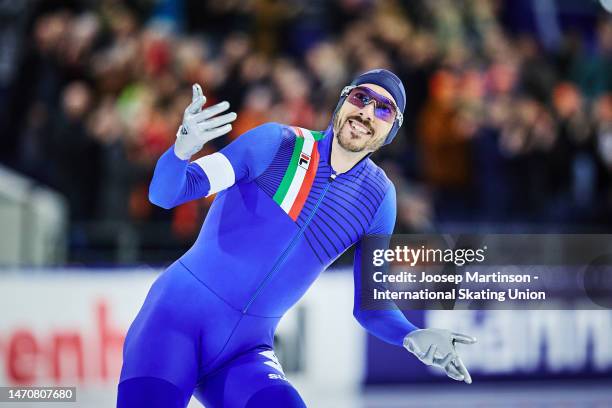 Davide Ghiotto of Italy reacts in the Men's 5000m during the ISU World Speed Skating Championships at Thialf on March 02, 2023 in Heerenveen,...