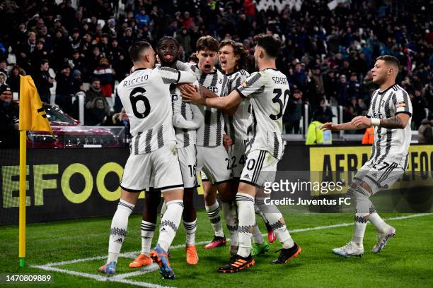 Samuel Iling-Junior of Juventus celebrates after scoring his team's first goal with teammates Nicolo Savona, Martin Palumbo, Alessandro Pio Riccio,...