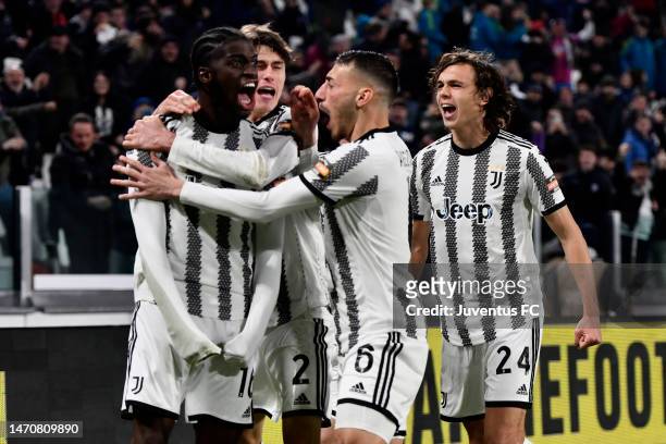 Samuel Iling-Junior of Juventus celebrates after scoring his team's first goal with teammates Nicolo Savona, Martin Palumbo and Alessandro Pio Riccio...