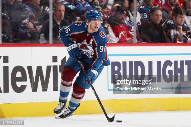 Mikko Rantanen of the Colorado Avalanche skates against the New Jersey Devils at Ball Arena on March 1, 2023 in Denver, Colorado.