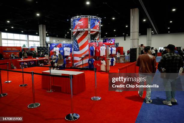 The Conservative Political Action Conference store stands in the center of the expo hall at Gaylord National Resort Hotel And Convention Center on...