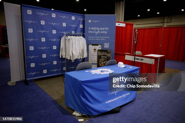 Booth for "The Right Stuff," a politically conservative dating app, stands in the expo hall of the Conservative Political Action Conference at...