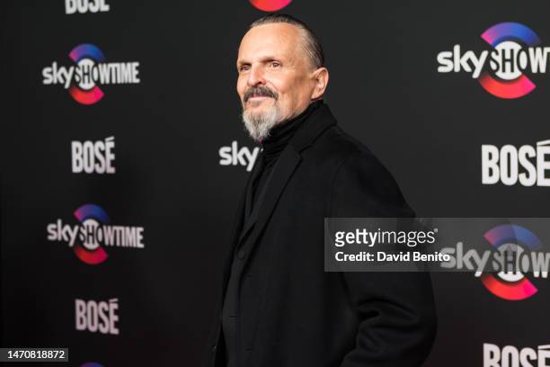 Miguel Bosé attends the "Bosé" biopic presentation by the new streaming service SkyShowtime at DOMO360 on March 02, 2023 in Madrid, Spain.