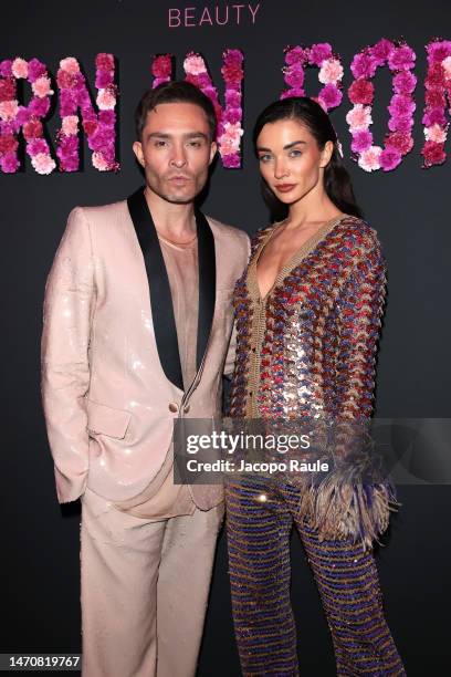 Ed Westwick and Amy Jackson attend the "Born In Roma Intense" - Valentino Beauty Party as part of Paris Fashion Week on March 02, 2023 in Paris,...