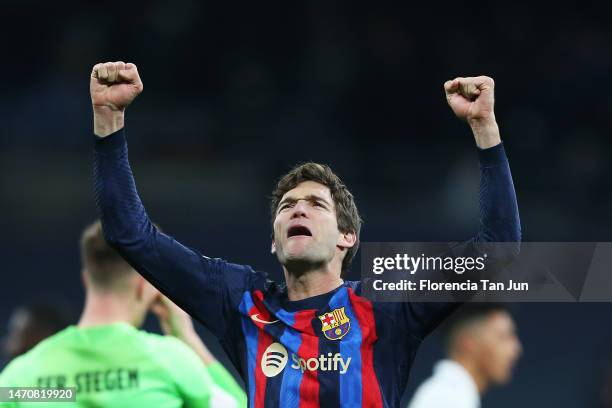 Marcos Alonso of FC Barcelona celebrates following the Copa Del Rey Semi Final Leg One match between Real Madrid CF and FC Barcelona at Estadio...