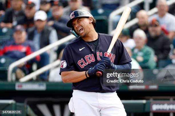 Josh Naylor of the Cleveland Guardians reacts to a called strike during the third inning of a spring training game against the San Francisco Giants...