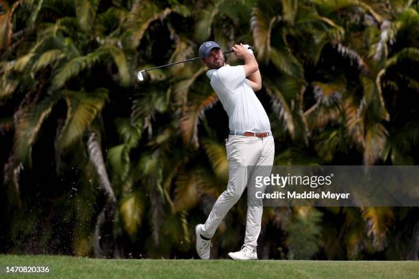 Wesley Bryan of the United States hits his first shot on the 4th hole during the first round of the Puerto Rico Open at Grand Reserve Golf Club on...