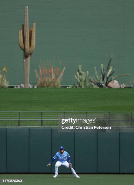 Outfielder Kyle Isbel of the Kansas City Royals in action during the third inning of the spring training game against the Los Angeles Angels at...