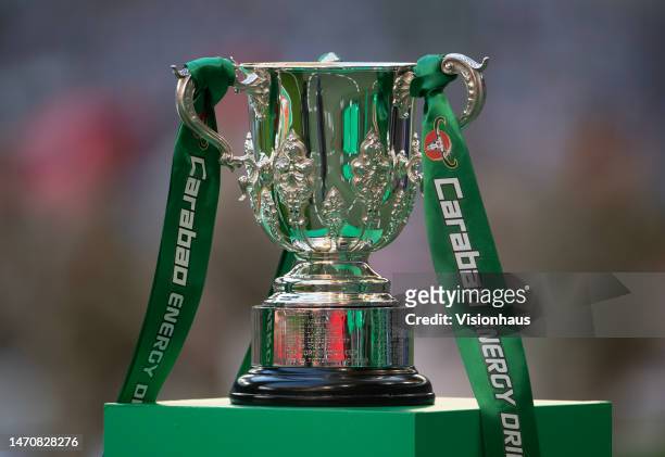 The Carabao Cup trophy ahead of the Carabao Cup Final match between Manchester United and Newcastle United at Wembley Stadium on February 26, 2023 in...