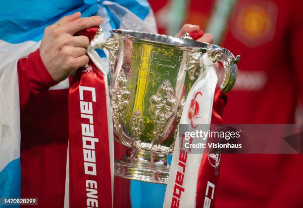 The Carabao Cup trophy after the Carabao Cup Final match between Manchester United and Newcastle United at Wembley Stadium on February 26, 2023 in...