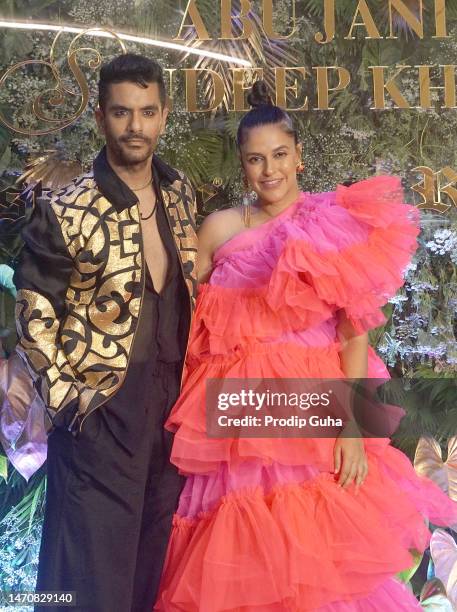 Angad Bedi and Neha Dhupia attend the launch of Abu Jani-Sandeep Khosla's fashion Collection 'Mera Noor Hai Mashhoor' on March 02, 2023 in Mumbai,...