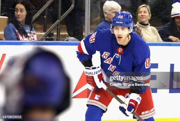 Patrick Kane of the New York Rangers skates in warm-ups prior to the game against the Ottawa Senators at Madison Square Garden on March 02, 2023 in...