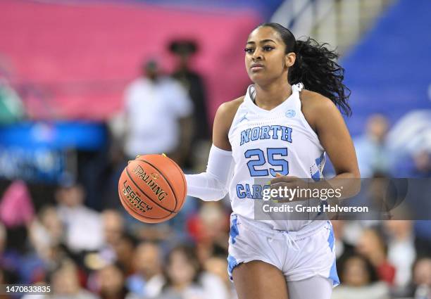 Deja Kelly of the North Carolina Tar Heels moves the ball against the Clemson Tigers during the first half of their game in the second round of the...