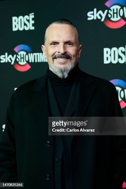 Miguel Bose attends the presentation of the biopic "Bose" by the new streaming service SkyShowtime at the DOMO360 on March 02, 2023 in Madrid, Spain.