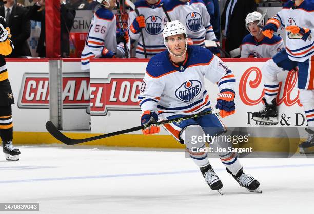 Derek Ryan of the Edmonton Oilers skates against the Pittsburgh Penguins at PPG PAINTS Arena on February 23, 2023 in Pittsburgh, Pennsylvania.