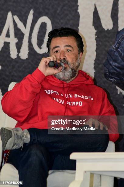 Miky Huidobro of Molotov band speaks during a press conference on the new single 'H2H at Palacio de Los Deportes on March 2, 2023 in Mexico City,...