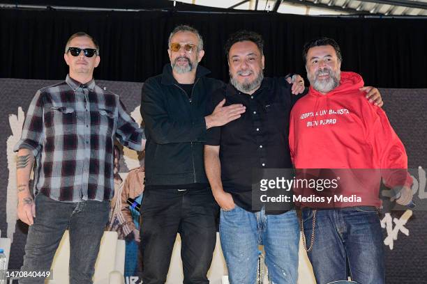 Randy Ebright, Tito Fuentes, Paco Ayala and Miky Huidobro of Molotov band pose for a photo during a press conference on the new single 'H2H at...