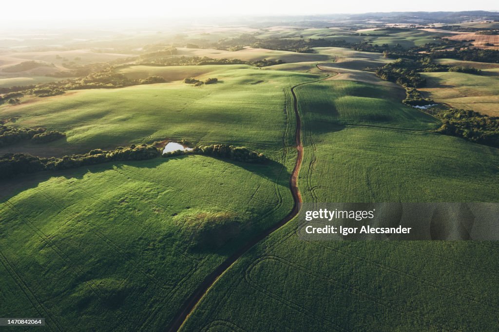 Pôr do sol nos campos agrícolas