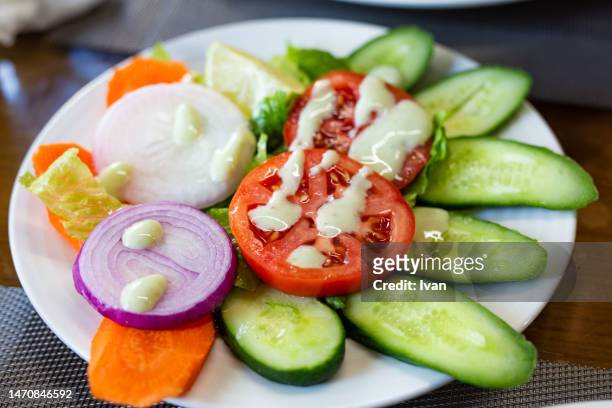 the middle east style cuisine, yougert salad - salatdressing stock-fotos und bilder